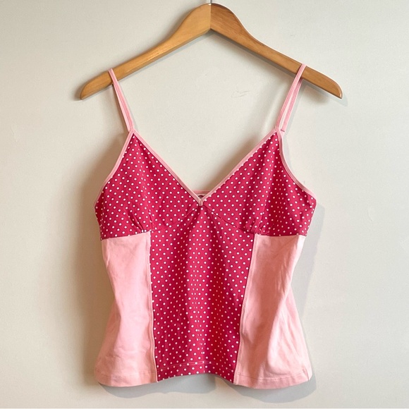 SOLD Lucky Brand Y2K Barbie Pink Polka Dot Cami Tank Color Block Sz L - Picture 2 of 5